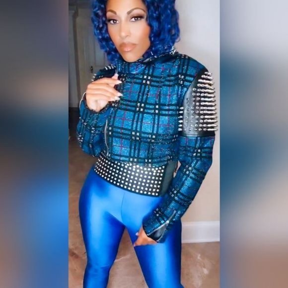 Callie Berry Bling: Teal Plaid Rhinestone Silver Studded Black Moto Jacket - Picture 11 of 12